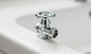 Chromowany zawór kątowy na białej ceramice. Może być przyczyną, że spłuczka nie pobiera wody.