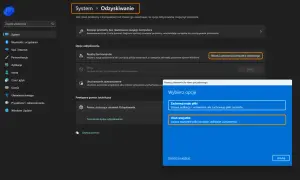 Panel sterowania Windows 11: opcje odzyskiwania, resetowanie komputera. Wybierz "Usuń wszystko" lub "Zachowaj moje pliki".