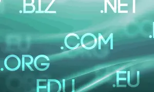 Dominios .com, .org, .net, .biz, .edu y .eu flotando en un fondo verde azulado. Ideal para vender un dominio.