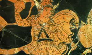 Orphée aux Enfers, figure mythologique en tenue de guerrier, arc à la main, sur une poterie antique.