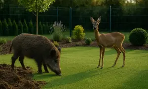 Dziki dzik ryje w trawie, a obok niego stoi sarna, jakby zastanawiała się, czy wysoki płot na sarny zadziała.