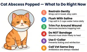 Illustration of an orange cat wearing an e-collar, with steps on how to care for a cat abscess.