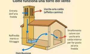Schema di una torre del vento che illustra la ventilazione naturale: l'aria fredda entra, viene raffreddata e filtrata, distribuita negli ambienti e l'aria calda esce.