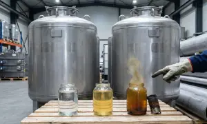 Duże zbiorniki ze stali nierdzewnej, prawdopodobnie do przechowywania substancji chemicznych, obok słoików z płynami i kawałka metalu. Stal 316l jest odporna na korozję.