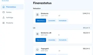 Übersicht über das DKB Gehaltskonto und weitere Konten von Sebastian und Lio. Anzeige von Kontoständen und Optionen wie Überweisung.