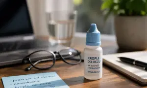 Na biurku, obok okularów i notatki "krople do oczu", stoi buteleczka z płynem nawilżającym. To pomoc w codziennym ranking kropli na suche oko.