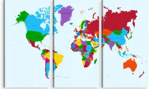 Kolorowy tryptyk mapa świata z zaznaczonymi krajami. Od Ameryki Północnej, przez Europę i Afrykę, po Azję i Australię.