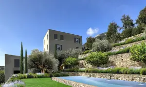 Moderna limonaia struttura con piscina e terrazzamenti fioriti.
