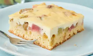 Ein Stück Rhabarberkuchen vom Blech mit Vanillepudding und Schmand.
