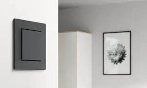 Ein schlichter, anthrazitfarbener Schalter aus dem Gira Schalterprogramm, montiert an einer weißen Wand. Im Hintergrund ein gerahmtes Bild.