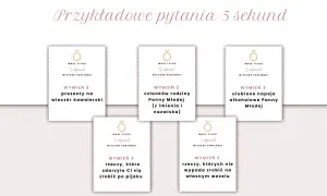 Zestaw kart z pytaniami "5 sekund" na wieczór panieński. Zabawne zadania, np. "wymień 3 prezenty na wieczór kawalerski" czy "wymień 3 rzeczy, których nie wypada zrobić na własnym weselu".