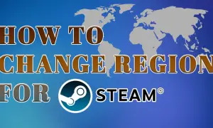 Grafika z mapą świata i tekstem "HOW TO CHANGE REGION FOR STEAM".
