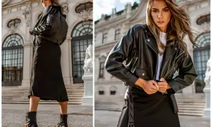 Elegancka kobieta w czarnej ramonesce i spódnicy. Dowiedz się, jak prać czarne ubrania, by zachowały swój kolor.