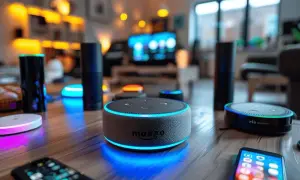 Plusieurs enceintes connectées Amazon Echo, dont un modèle rond avec une lumière bleue, sont sur une table. Un smartphone est posé devant. C'est un test Alexa.