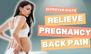 Pregnant woman holding her back in pain, with text "10 Proven Ways to Relieve Pregnancy Back Pain.