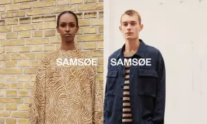 Kobieta w bluzce z wzorem zwierzęcym i mężczyzna w granatowej kurtce. To marka Samsøe & Samsøe, znana z minimalistycznego stylu.