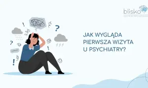 Zmartwiona osoba z chaotycznymi myślami nad głową. Kiedy iść do psychiatry? Pierwsza wizyta u specjalisty.