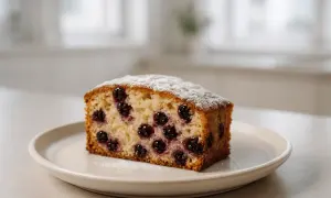 Pyszne ciasto porzeczkowiec, posypane cukrem pudrem, z widocznymi w środku ciemnymi porzeczkami.