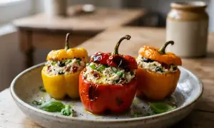 Poivrons farcis de ricotta, tomates séchées et olives, garnis de basilic frais. Un délice coloré et savoureux.