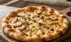 Une délicieuse pizza carbonara, garnie de lardons croustillants, d'oignons caramélisés et de fromage fondant, sur une planche en bois.