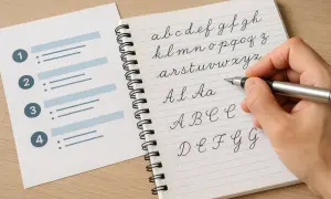 Dłoń pisze pismem odręcznym litery w zeszycie w szeroką linię. Obok leży kartka z numerowanymi punktami.