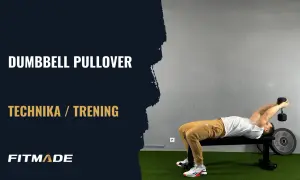 Mężczyzna wykonuje ćwiczenie **dumbbell pullover** na ławce, trzymając ciężarek nad głową.
