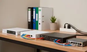 Kilka switchy sieciowych na biurku, podłączonych kablami Ethernet. Pokazuje, jak działa switch do internetu, łącząc urządzenia.