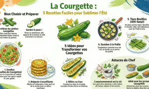 Infographie sur la courgette : 5 idées recette pour la sublimer. Zoodles, beignets, rôties, sautées, tiges bouillies. Astuces pour choisir et préparer.