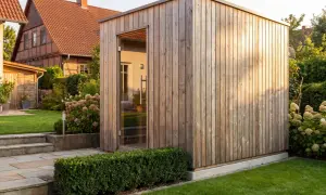 Moderne Gartensauna aus Holz mit Glasfront, perfekt für ein entspanntes "gartensauna selber bauen" Projekt im Grünen.
