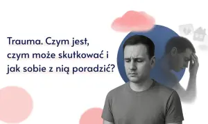 Mężczyzna zamyślony, z odbiciem w tle symbolizującym trauma złożona. Tekst pyta o naturę i radzenie sobie z nią.