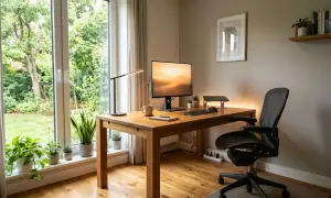 Bureau lumineux avec bureau en bois, plante verte, lampe et écran. L'ensemble respecte la norme éclairage bureau pour un confort visuel optimal.