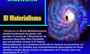 Un hombre con maleta camina hacia un túnel cósmico, explorando la cuarta dimensión y el materialismo.