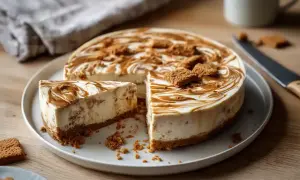 En krämig biscoff cheesecake med en krispig botten, dekorerad med karamellsås och kex. En bit är uppskuren.