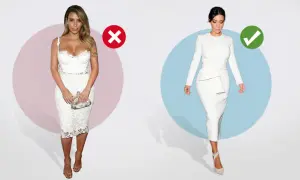 Bimbo girl w koronkowej sukience (złe) vs. elegancka kobieta w białym komplecie (dobre).