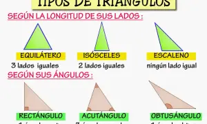 Ilustración de tipos de triángulos: equilátero, isósceles, escaleno (según lados) y rectángulo, acutángulo, obtusángulo (según ángulos).