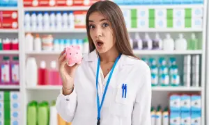 Zaskoczona technik farmacji trzyma skarbonkę, zastanawiając się, ile zarabia technik farmacji.