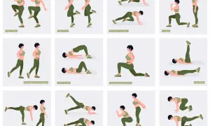 Illustrazione di esercizi per i glutei corpo libero: affondi, ponte glutei, donkey kicks e altri movimenti per tonificare.