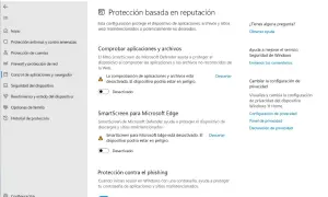 Configuración de Seguridad de Windows: SmartScreen para Microsoft Edge y comprobación de apps desactivadas.