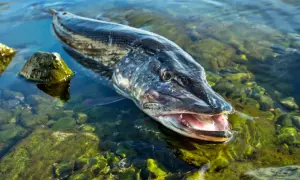 Ein Hecht mit geöffnetem Maul liegt im flachen, grünen Salzwasser.