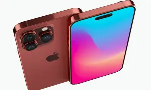 Un aperçu du design de l'iPhone 15, avec son dos rouge cuivré et son écran aux couleurs vives.
