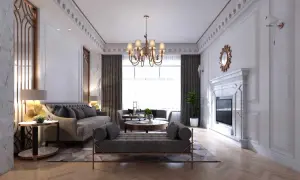 Elegancki salon w stylu tradycyjnym z marmurowym kominkiem, wygodnymi sofami i stylowym żyrandolem.
