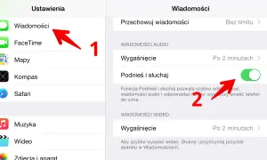 Ustawienia Wiadomości, włącz "Podnieś i słuchaj", aby szybko odsłuchać pocztę głosową.