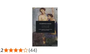 Copertina libro "Vacanze Romane" di Federica Guidi, con affresco di figure antiche e un cane. Esplora il tempo libero e la vita quotidiana nell'antica Roma, come antichi telai romani.