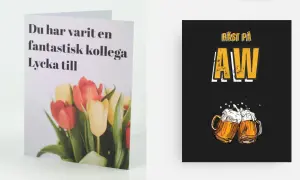 Kort med tulpaner och texten "Du har varit en fantastisk kollega. Lycka till." bredvid ett kort med texten "Bäst på AW" och två ölglas. Ingen avtackning på jobbet, bara firande!