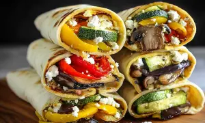 Wrapy z kolorowymi warzywami z airfryera: cukinia, papryka, bakłażan i pieczarki, posypane serem feta. Pyszne i zdrowe!