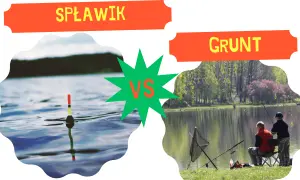 Spławik na wodzie kontra dwaj wędkarze łowiący na gruncie.