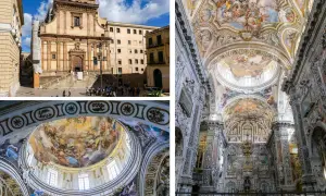 Visiter Palerme : façade d'une église baroque et son intérieur orné de fresques spectaculaires. La coupole est un chef-d'œuvre.