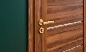 Nowe drzwi na stare futryny z Castoramy, z elegancką, złotą klamką i zamkiem, idealnie komponują się z zieloną ścianą.
