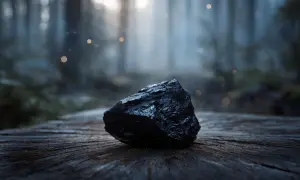 Piedra shungit oscura y brillante sobre madera rústica, con un bosque brumoso y luces bokeh al fondo.