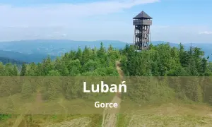 Wieża widokowa na szczycie Lubania w Gorcach, otoczona lasem, z widokiem na pasma górskie.